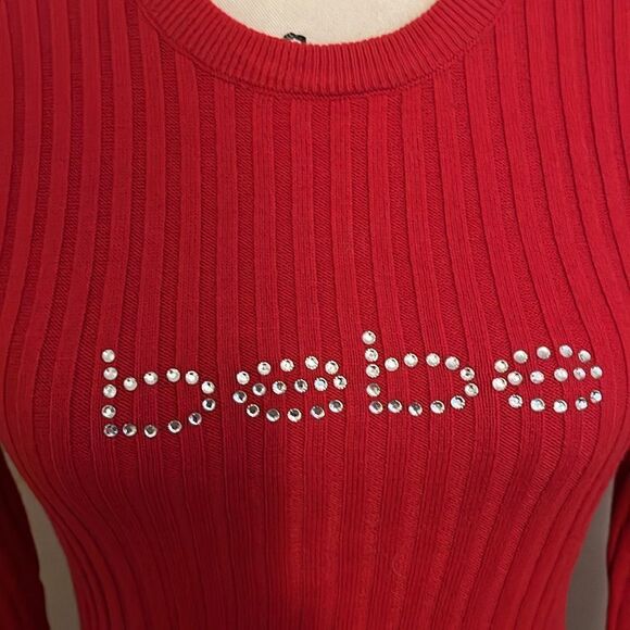 Bebe Red Rhinestone Bling Embellished Faux Pearl Detailed Ribbed Long Sleeve Top - Picture 8 of 11